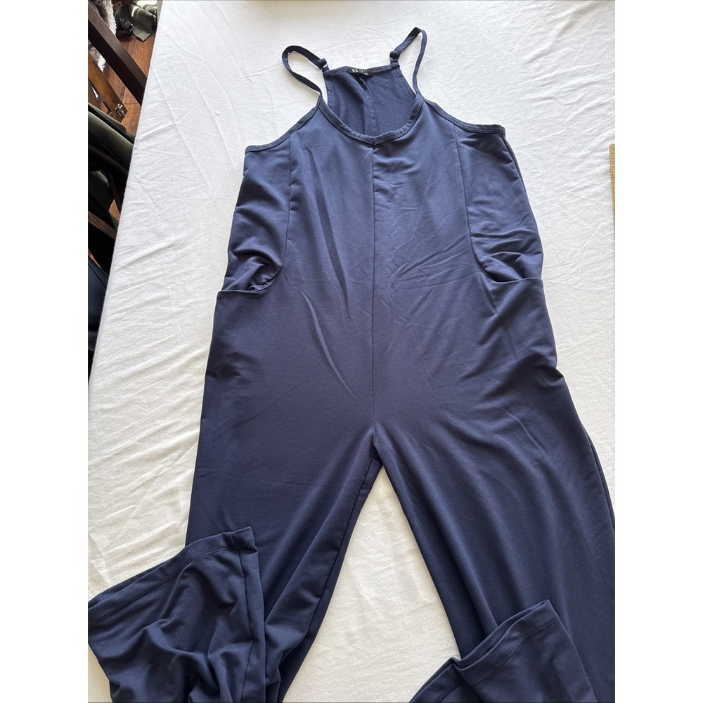 T/S by Thrive Women Blue Wide Leg Sleeveless Jumpsuit Size L Pockets